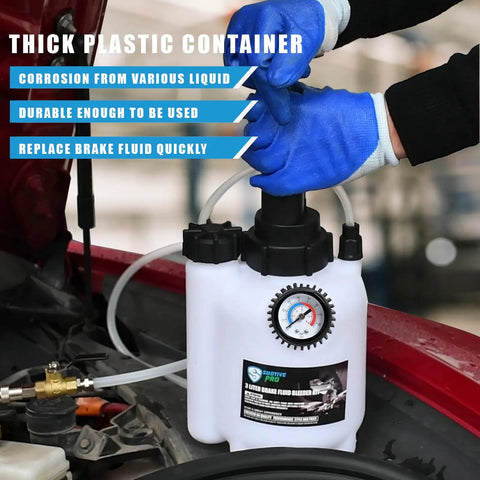 Person using 3 Liter Manual Brake Bleeder Pump With 1 Liter Waste Oil Bottle One Man Pro Brake Bleeder Kit for auto maintenance