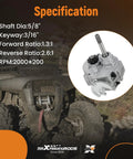 Go Kart Forward Reverse Gearbox Kit For 212cc Engines with specifications, including shaft diameter and RPM, shown next to a utility vehicle.