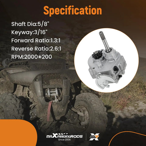 Go Kart Forward Reverse Gearbox Kit For 212cc Engines with specifications, including shaft diameter and RPM, shown next to a utility vehicle.