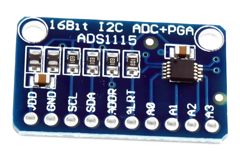 Close-up of a Four Channel I2C ADC Module with Programmable Gain Amplifier for Arduino, Raspberry Pi, 16-bit resolution.