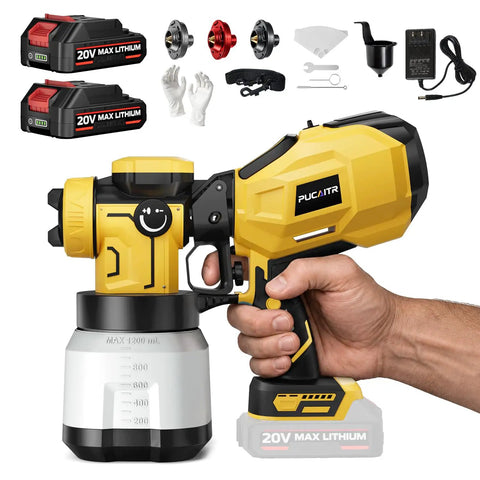 Heavy Hitter Cordless Paint Sprayer With Dual 20V Rechargeable Batteries And Hvlp Paint Gun Kit with paint cup and battery.
