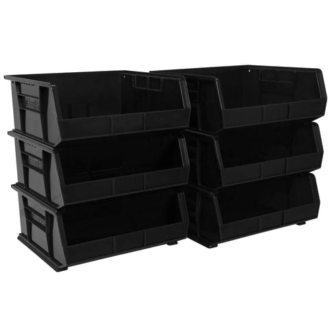 Space-Saving Stackable Plastic Storage Bins for Garage and Pantry, Heavy-Duty Organization for Crafts, Tools, and More, 6-Pack, Black, 15 by 16 by 7 Inches