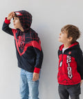 Two boys wearing Little Boys Spider-Man Fleece Half Zip Hoodie Red And Black Size 7 Cozy Soft Hooded Sweatshirt Officially Licensed