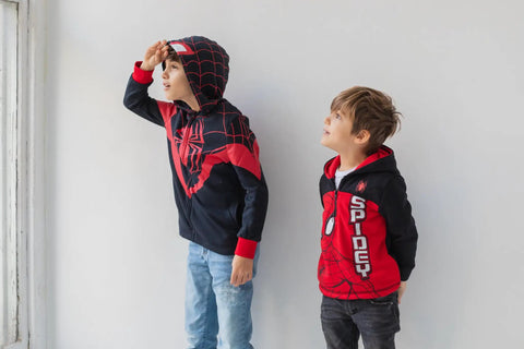 Two boys wearing Little Boys Spider-Man Fleece Half Zip Hoodie Red And Black Size 7 Cozy Soft Hooded Sweatshirt Officially Licensed