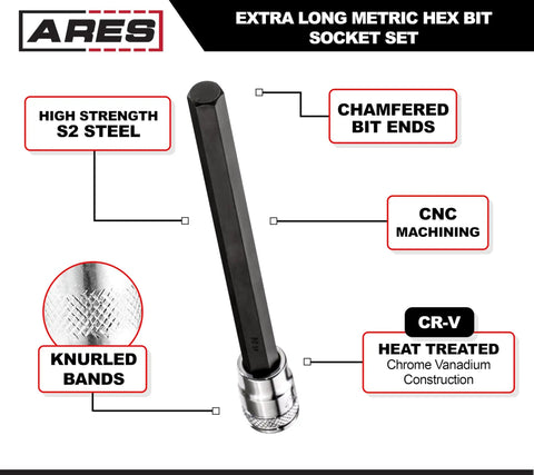 Illustration of Extra Long Metric Hex Bit Socket Set With S2 Bits For Max Torque And A Handy Storage Rail Heat Treated Chrome Vanadium