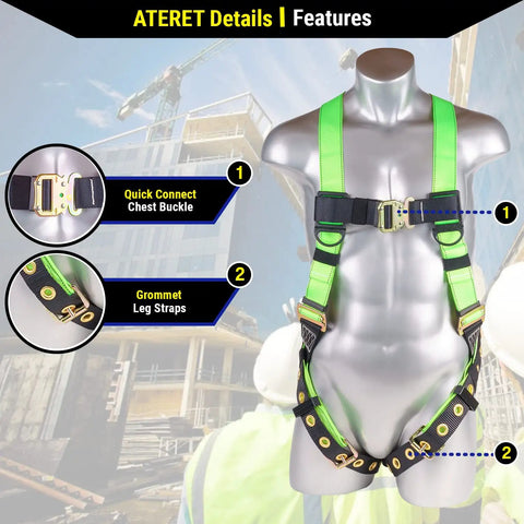 Jobsite Ready Full Body Construction Harness With 5 Point Adjustment shown on mannequin with quick connect chest buckle.