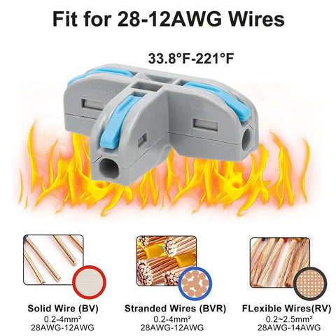 30 Pack Heavy Duty 3 Way Lever Wire Connectors Push In Electrical Splice Terminal Block for 28-12 AWG wires with range 33.8°F-221°F.