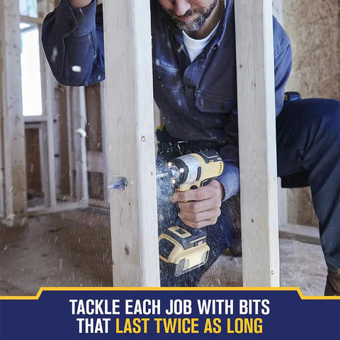 Person using Speedbor Spade Wood Drill Bit 1 Inch By 4 Inch For Fast Holes And Long Life in wood frame construction