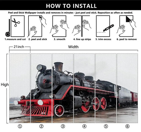 Epic 3D Steam Train Wall Mural Peel And Stick Self Adhesive Decor For Bedroom Or Living Room installation guide image.