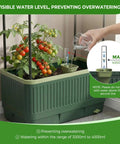 Self Watering Tomato Planter With Trellis And Water Level Indicator in use with ripe tomatoes in large rectangular cage indoors