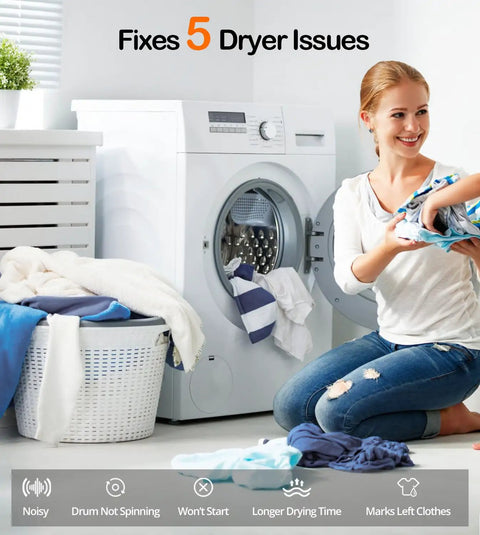 Woman using dryer with Beefed Up Dryer Repair Kit With W10837240 W10314173 Idler Pulley And Drum Rollers 661570V Belt