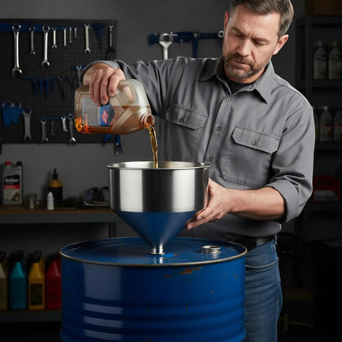 Heavy Duty 30L Stainless Steel Hopper Flows Liquids And Pastes Dang Smooth For No Fuss Commercial Filling Line Production With Killer Performance, pouring liquid into funnel.