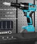 Straight Up Heavy Duty Knockout Brushless Cordless Rivet Gun Compatible With Makita 18V Battery Tool Only showing LED light and tool features.
