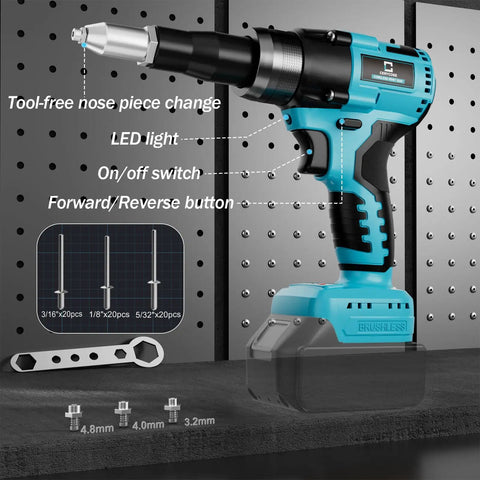 Straight Up Heavy Duty Knockout Brushless Cordless Rivet Gun Compatible With Makita 18V Battery Tool Only showing LED light and tool features.