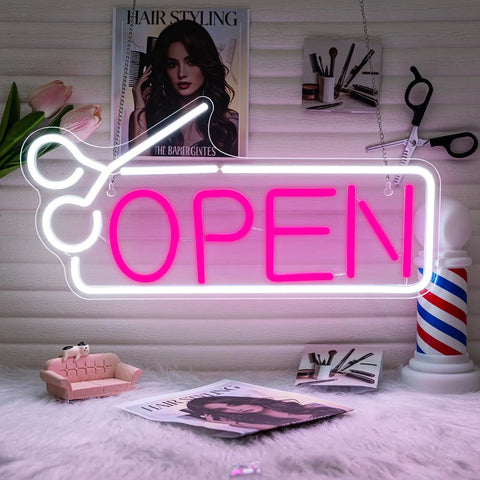 Pink Hair Salon Neon Light Open Sign LED Barbershop Sign USB Powered Colorful Light Up For Beauty Room Salon Store