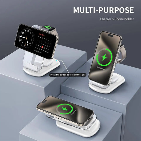 Travel Ready MagSafe 3 In 1 Wireless Charging Station for iPhone 12 13 14 15 16 17 Pro Max Apple Watch and AirPods, white.