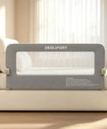 59 Inch Baby Bed Rail Guard For Toddlers with breathable Oxford mesh on a bed, showcasing foldable design and reinforced anchors.