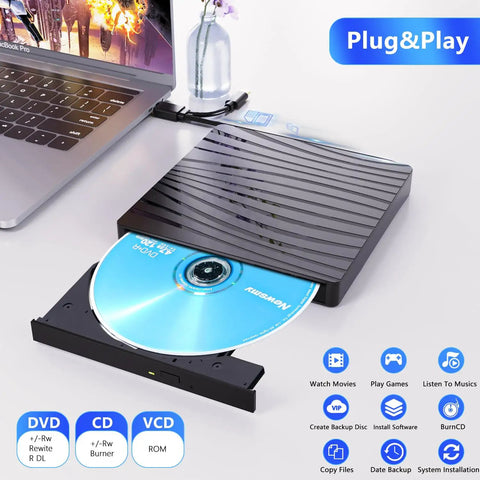 External USB-C Portable CD DVD Drive For Laptop And Desktop, Slim Optical Drive Reader And Burner, CD RW DVD RW, Plug And Play Optical Drive Compatible With Windows Mac Linux XP And MacOS, Great For Music Movies Data Backup And Software Install.