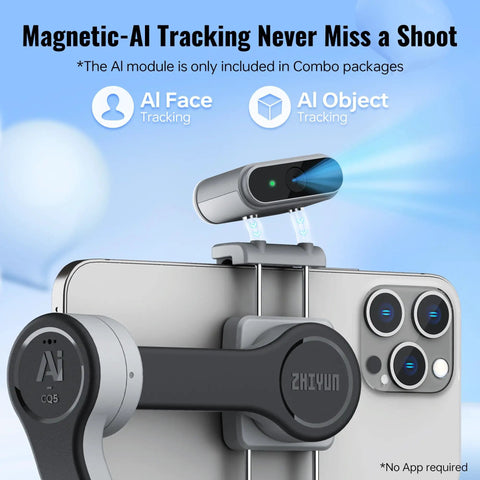 CQ5 Combo 3-Axis Phone Gimbal With AI Face Tracking Fill Light for iPhone showcasing magnetic AI tracking attachment.