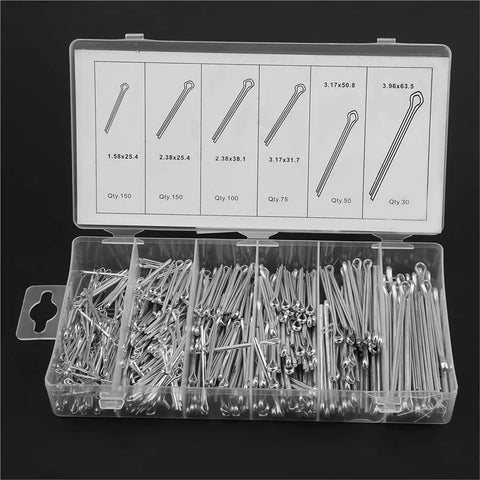 Heavy Duty Cotter Pin Kit 555 Pcs With Hairpin Style R Clips organized in clear case for trailer hitch lawn mower automotive use