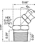 Technical drawing of Heavy Duty One Eighth Inch PTF Special Short 45 Degree Grease Fitting 0.89 Inch Long with measurements.