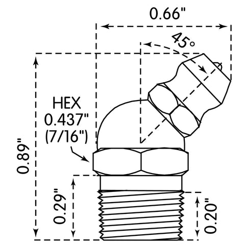 Technical drawing of Heavy Duty One Eighth Inch PTF Special Short 45 Degree Grease Fitting 0.89 Inch Long with measurements.