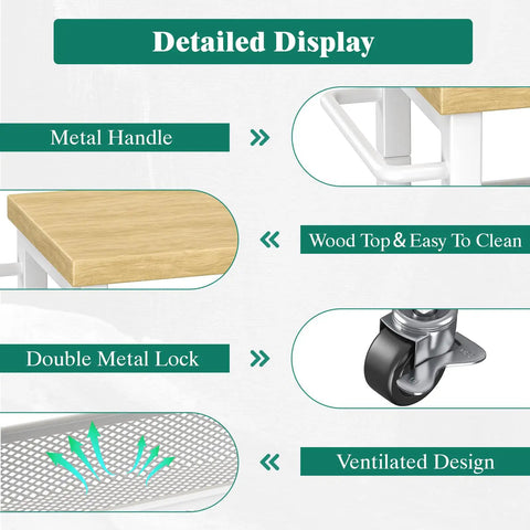 Detailed display of Slim Rolling Storage Cart, 4 Tier Mobile Organizer With Wood Top and Handle, showcasing features like wood top, metal lock, and casters.