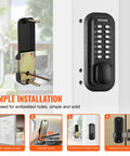 Rugged Mechanical Keyless Entry Lock With 14-Digit Keypad For Outdoor Gates And Garages, showing simple installation steps on door.