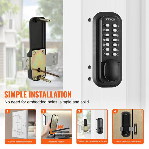 Rugged Mechanical Keyless Entry Lock With 14-Digit Keypad For Outdoor Gates And Garages, showing simple installation steps on door.