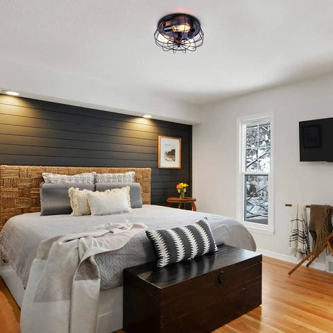 Industrial Black Semi Flush Mount Ceiling Light Three Light Rustic Ceiling Lamp Fixture With Metal Cage in bedroom