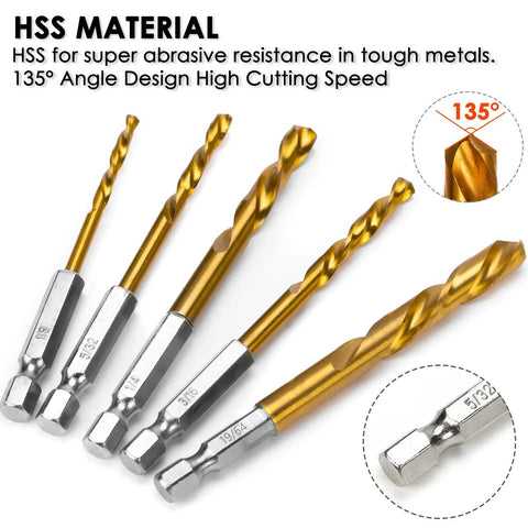 Five HSS drill bits for Stripped Screw And Bolt Extractor Set With Left Hand Drill Bits, Broken Bolt Remover Kit, Easy Out Style Fastener Extraction.