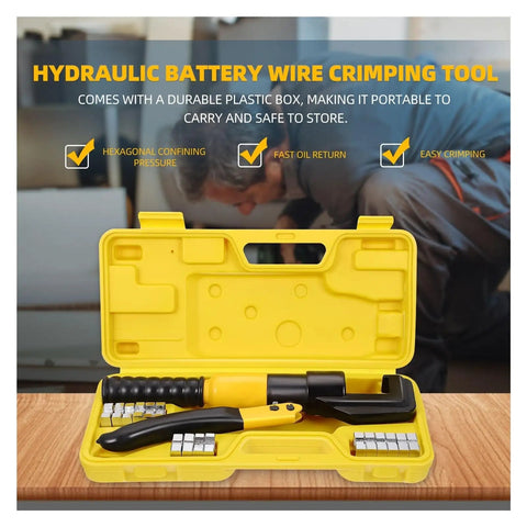 Heavy Duty Hydraulic Crimping Pliers For Electric Terminals And Power Cables, in a yellow plastic case with crimping dies and tool.