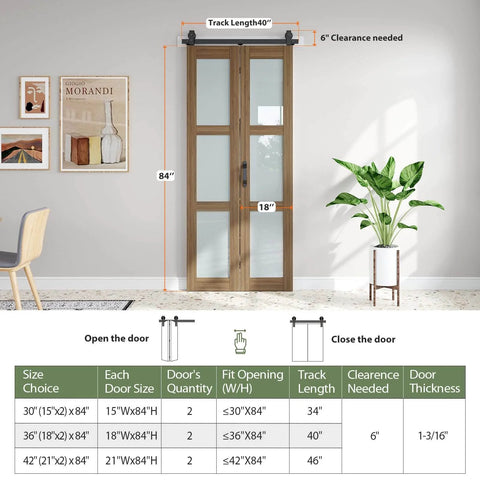 Double 18x84 Frosted Glass Bifold Barn Door Set With Hardware Kit Included, 36x84 Brown Sliding Closet Door shown installed in room.