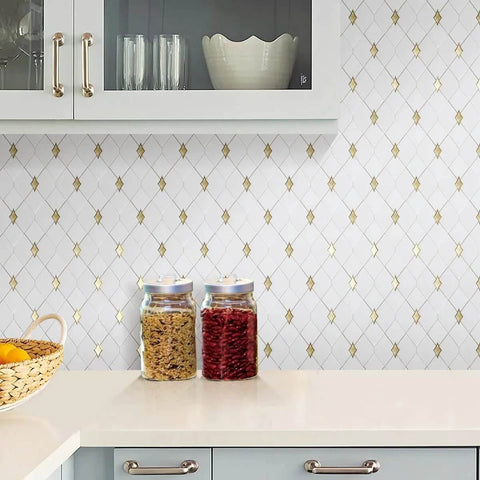 Tenedos Thassos white marble and gold glass diamond mosaic tile sheet; 3x3.5in waterjet-cut, polished.