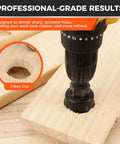 HORUSDY hole saw kit installed on drill cutting a round hole in softwood with wood shavings