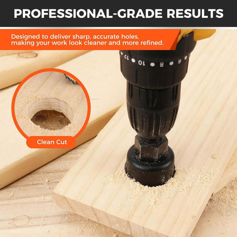 HORUSDY hole saw kit installed on drill cutting a round hole in softwood with wood shavings