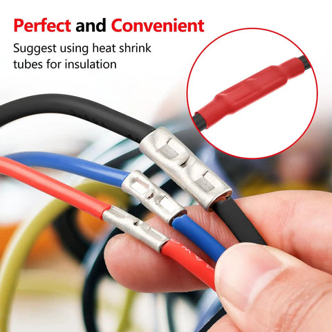 Hand holding wires with Beefy 520 Piece Non Insulated Butt Connectors Kit For 26 To 8 Gauge Wires Tinned Copper Marine Grade