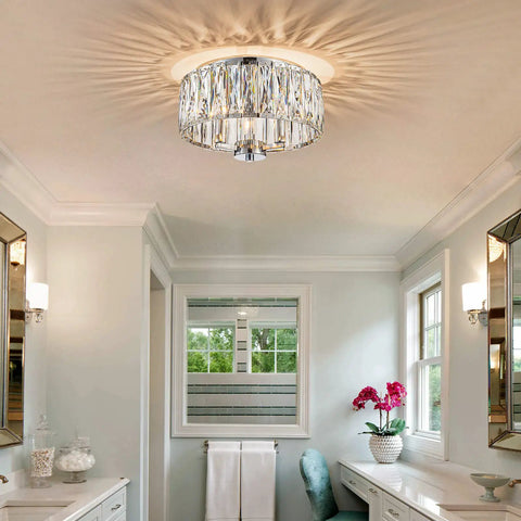 Lit 13 Inch Chrome Flush Mount Crystal Ceiling Light With 3 K9 Crystals Modern Chandelier In a Bright Bedroom