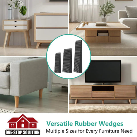 Wrangling Wobbly Furniture Fast With Twenty Four Piece Rubber Leveler Kit shows versatile rubber wedges stabilizing furniture.