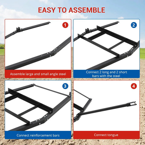 Four-step assembly guide for 74 Inch Wide Drag Harrow For Driveways And Lawns High Efficiency Grader With Pin Hitch