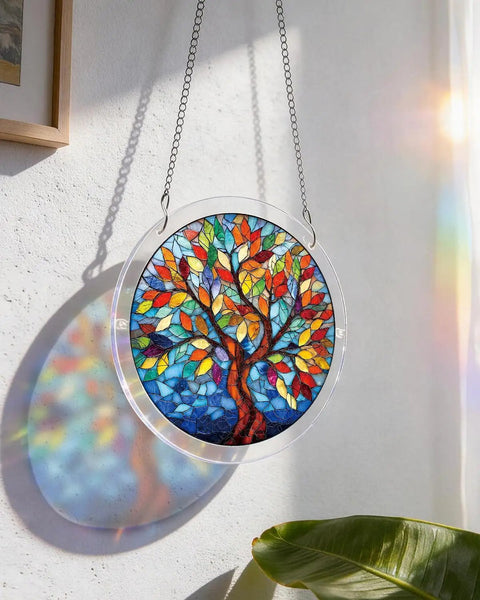 Jigsaw Puzzle Sun Catcher Kit With 83 Pieces DIY Unique Dawn Blossom Sea Design hanging in window with colorful tree pattern