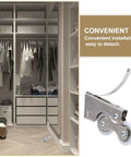 8 Piece Double Wheel Replacement Door Runners For Sliding Windows And Wardrobes Heavy Duty Pulleys in modern closet with clothes.