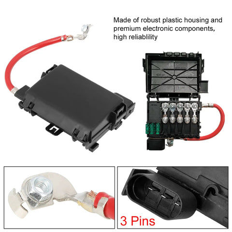 Heavy Duty Fuse Box Battery Terminal Block For Volkswagen Golf Jetta Beetle showing 3 pins, robust plastic housing, red wire connection.