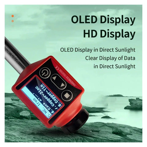 Portable Pen Style Digital Hardness Gauging Tool For Stainless Steel And Titanium Featuring Real Deal Multi Scale Readouts Including Hrc Hrb And Dead On Precision with OLED display in sunlight.