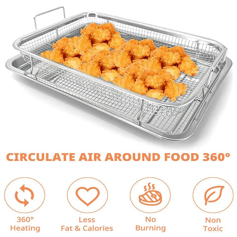 Two Piece Air Fryer Oven Basket Set With Tray And Grease Trap, silver basket with crispy food, bacon rack for crisper