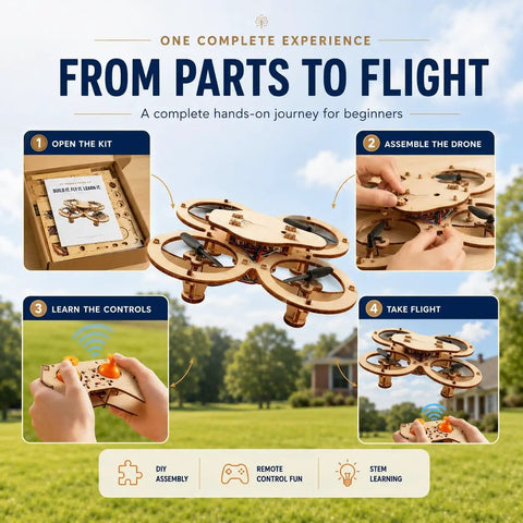 Wooden Drone Building Kit For Adults Snap Together No Glue Remote Control Quadcopters Two In One Build Your Own Hands On Flying Drone Coding Toy For Beginners And Hobbyists assembly guide image showing steps from parts to flight.
