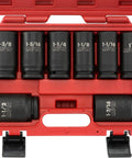 Open red case showing Three Quarter Inch Drive Impact Socket Set, SAE 1 Inch To 1 And A Half Inch, 8 PC Deep Jumbo Sockets.