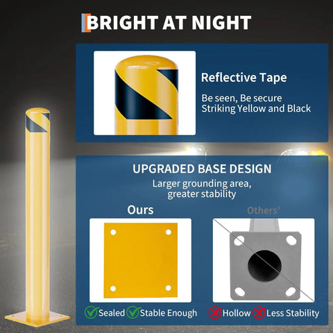 Tough As Nails Yellow Steel Safety Bollards, Anchored 36 Inch Parking Posts highlighting reflective tape and upgraded base design.