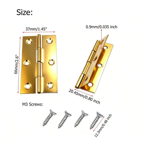 Two Point Six Inch Gold Small Hinges Set For Cabinets And DIY Projects, 201 Stainless Steel Square Corner Folding Butt Hinge With Screws