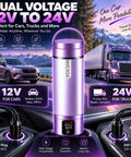 Ride Ready 12V 24V Vacuum Insulated Car Electric Kettle With Six Custom Temperatures And Auto Shut Off Keeps Your Brews Piping Hot For Road Warriors On Long Drives displayed in car console with purple design.